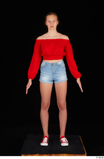 Stacy Cruz blue jeans shorts casual dressed red off shoulder…